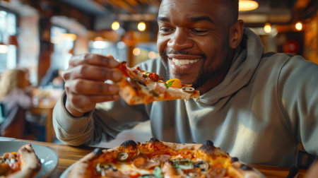A happy black man holds a piece of delicious pizza with mushrooms and salami in his hand and looks at it with adoration. Italian cuisine. He is smiling and enjoying his meal at the restaurant. Pizza Dayの素材