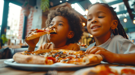 Cute black brother and sister are sitting in a cafe and eating pizza. Two children are eating pizza in a restaurant. They are smiling and enjoying their meal. The pizza is on a white plate and cut into pieces. Italian cuisineの素材