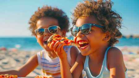 Two cute stylish black curly-haired boys are eating pizza on the beach. Two children in sunglasses are relaxing by the sea. Italian cuisine. They are smiling and enjoying their meal.の素材