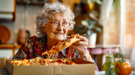 A lonely elderly lady with gray hair and glasses is eating pizza out of a box in the kitchen. A woman in a red dress is eating a piece of delicious hot pizza. She smiles and enjoys her meal. Pizza day. Italian foodの素材