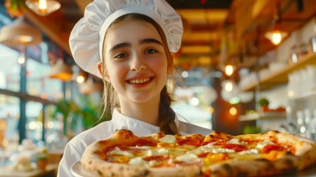 A young teenage girl in a white chef's suit and a hat holds a hot delicious pizza in her hands, which she cooked herself. A young chef. Cooking lessons. She is smiling and happyの素材
