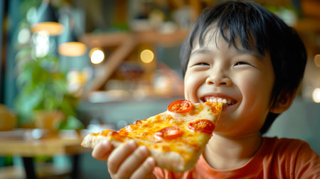 A little Asian boy smiles and eats a piece of delicious pizza with tomatoes and cheese in a pizzeria. He's enjoying his meal. Pizza Day. Italian cuisine.の素材
