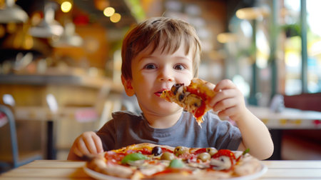 A cute funny little boy is eating a slice of pizza with mushrooms and olives in a pizzeria. The pizza is decorated with pepperoni and basil. Pizza day. Italian cuisine. A quick snack.の素材