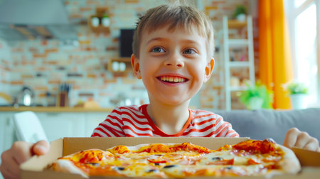 A delicious lunch. Fast food. A little boy is holding a pizza box and smiling. The pizza was delivered by the delivery guy. The boy is sitting in a stylish living room and is going to eat all the pizza. Pizza Dayの素材