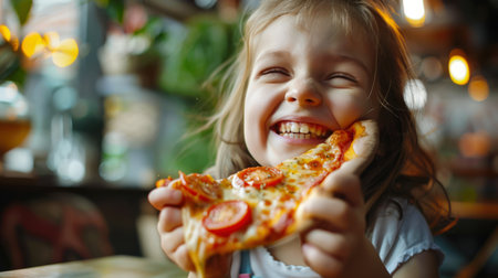 A little white girl holds a piece of pizza in her hands and laughs. Pizza day. Italian cuisine. The idea of happiness and enjoyment when a child consumes his food.の素材