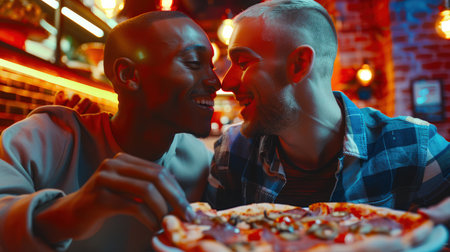 Friends are eating pizza in a cafe. Two interracial gay men on a date at a pizzeria. A black man and a white man are sitting at a table in a large pizza. They both smile and look at each other.の素材