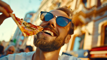 Pizza day. A cheerful unshaven guy in sunglasses is eating a slice of pizza on the street. The man is smiling and enjoying his meal. Italian cuisine. A quick snack.の素材