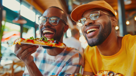 Two trendy black friends laugh and eat pizza together in a cafe. They are wearing glasses and enjoying their meal. Italian cuisine. Pizza day. Dateの素材