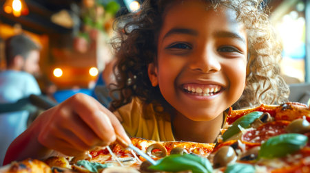 A little boy with long curly hair is smiling and eating pizza in a pizzeria. Pizza with salami is sprinkled with olives and basil. Italian cuisine. Pizza Dayの素材