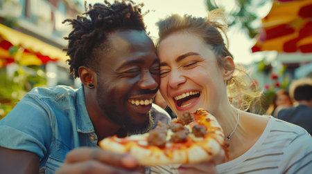 An interracial heterosexual couple is laughing in an outdoor cafe while eating local pizza. A black man and a white woman are eating pizza together and smiling. Friends met at a pizzeria. Italian cuisineの素材