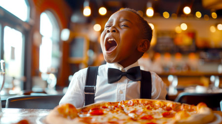 A funny little black boy in a suit and tie is calling the waiter at the pizzeria. He's eating a big pizza. Italian cuisine. Judging by the expression on the boy's face, he is enjoying his mealの素材