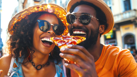 A black couple in love with sunglasses eats a piece of pizza with pepperoni on the street in the city. A man and a woman are eating pizza together and smiling. A meeting of friends. Italian cuisine. Pizza Dayの素材