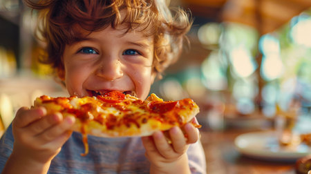 A little white boy with curly hair with a smile on his face is eating a piece of delicious hot pizza. The pizza is covered with pepperoni and cheese. Pizza day. Italian cuisine. Snackの素材
