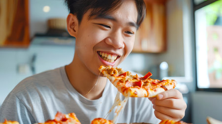 A delicious quick snack. A young Asian guy looks at a piece of pizza with salami with a smile. The pizza is covered with pepperoni and cheese. Pizza delivery. Italian cuisine.の素材