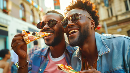 A positive gay couple in sunglasses is eating pizza outside. Two black African men are eating pizza and smiling. Pizza day. The scene is fun and relaxed. Italian cuisine.の素材