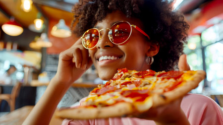 A stylish, fashionable young black woman, smiling, holds a piece of pepperoni pizza in her hands. She's wearing sunglasses and she's enjoying her meal. Italian cuisine. Pizza Dayの素材