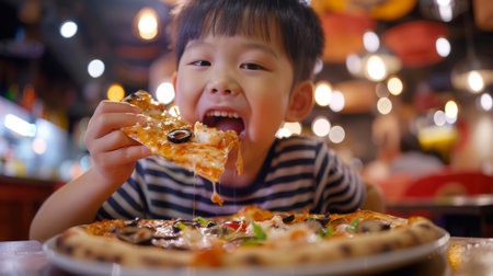 A little Asian boy is sitting in a pizzeria and eating a piece of pizza. The pizza is decorated with olives and mushrooms. Italian cuisine. A delicious dinner. Pizza day.の素材