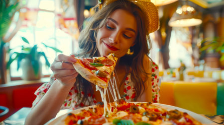 Pizza day. Italian cuisine. A young beautiful woman with long hair and a straw hat pulls a piece of pizza in a restaurant. She is smiling and enjoying her mealの素材