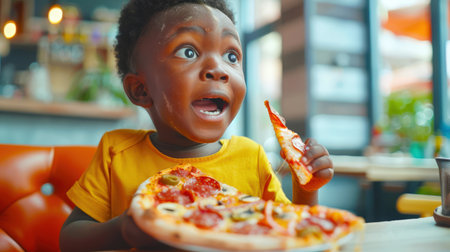 Pizza day. A little black boy looks at something in surprise and eats a piece of pizza with his mouth wide open. The action takes place in a restaurant or pizzeria. Italian cuisine.の素材