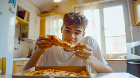 A young man is eating a piece of pizza brought to him by a courier. Italian cuisine. Pizza day. A delicious snack. He is smiling and enjoying his mealの素材