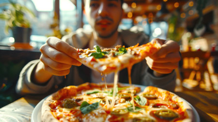 A man eats a slice of pizza with cheese and jalapeno. A delicious snack. Pizza is on a plate on the table in an Italian restaurant. Pizza day.の素材