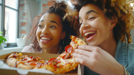 Two girlfriends are eating pepperoni pizza out of a box. Two women ordered pizza at home. Italian cuisine. Pizza day. The scene is happy and relaxedの素材