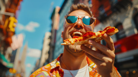 A happy unshaven man in sunglasses is eating pepperoni pizza on the street. Italian cuisine. The action takes place in a city with a blue sky and several buildings in the background.の素材