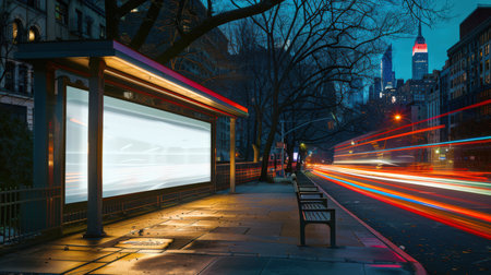 A night city street with a large billboard at the bus stop. Mockup of a horizontal banner at a bus stop in perspective. The street is empty, and the city landscape is visible in the backgroundの素材