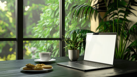 A mockup of a stylish laptop on a wooden table surrounded by green plants. There is an open laptop on the table, a white cup of coffee and a plate of cookies. The action takes place in a room with a large window through which the space is filled with natural lightの素材