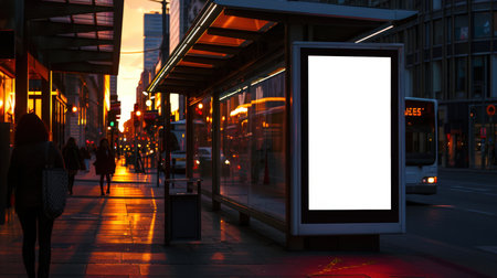 A mockup of a bus stop at sunset in a major city. There is a large white billboard on the city street, with a bus in the background. The action takes place at dusk, against the background of the setting sun. People are walking on the sidewalkの素材