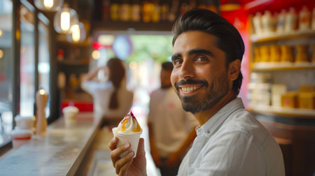A Latin American man is sitting in a cafe, smiling and holding a cup of ice cream in his hands. The concept of happiness and enjoyment. World Ice Cream Dayの素材