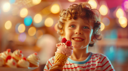 A little boy with blond curly hair holds an ice cream cone with raspberries on top. He smiles and enjoys his treat in the cafe. World Ice Cream Day.の素材