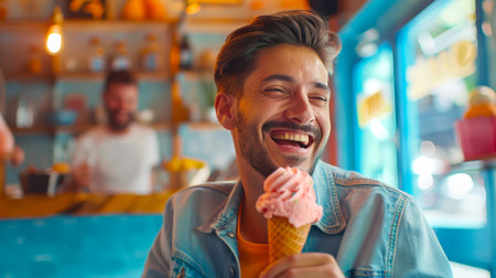 A cheerful carefree cute gay man laughs and eats pink ice cream in a waffle cone in a cafe. The man is wearing a yellow T-shirt and a blue denim one. World Ice Cream Day.の素材