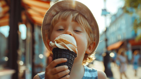 A little blond boy in a summer panama hat licks delicious ice cream in a chocolate waffle cone. World Ice Cream Dayの素材
