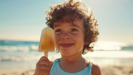 A candid portrait of a cute funny little boy with curly hair. A child licks his lips and holds a popsicle in his hands on the beach. The child is smiling and enjoying the moment. World Ice Cream Day.の素材