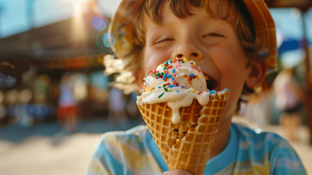 A pretty little boy is eating a waffle cone with melted vanilla ice cream with pastry sprinkles. World Ice Cream Day. A children's party. A treat for all timeの素材