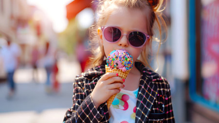 A pretty little stylish girl licks ice cream in a waffle cone. World Ice Cream Day. She is wearing sunglasses and a black fashionable jacketの素材