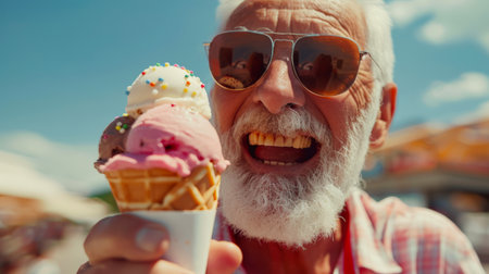 A cheerful laughing grandfather with a smile on his face holds in his hands a cone with three balls of ice cream: vanilla, strawberry and chocolate. The pensioner is wearing sunglasses, and he is enjoying his treatの素材