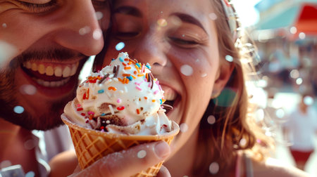 A man and a woman in love are holding a waffle cone with vanilla ice cream with confectionery sprinkles. They both smile and enjoy the moment. A sweet couple. World Ice Cream Dayの素材