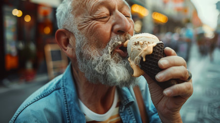 An elderly gray-haired, bearded man eats ice cream in a black waffle cone. The old man smiles and enjoys his dessert. World Ice Cream Dayの素材