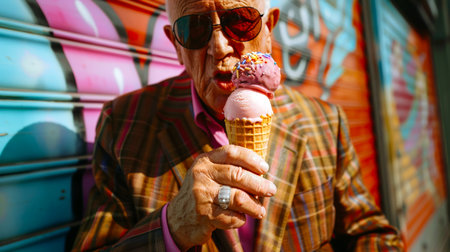 An elderly man is eating a pink melted ice cream in a waffle cone with powdered sugar. The old man is wearing a suit and sunglasses.の素材