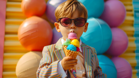 A cool stylish fashionable boy in a suit and sunglasses holds a waffle cone with ice cream of different flavors in his hands. The scene unfolds against the background of colorful balloons, creating a festive and playful atmosphereの素材
