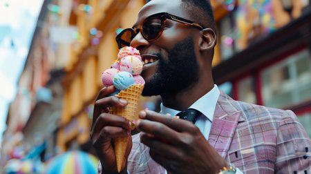 An African man in a stylish fashionable suit and sunglasses eats a waffle cone with colorful ice cream. The action takes place on a city street with several umbrellas and a parked car in the background.の素材
