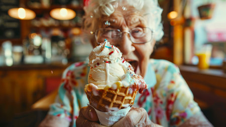 An elderly woman with glasses holds a waffle cone filled with vanilla ice cream. World Ice Cream Day. She smiles and enjoys her treat at the cafe.の素材