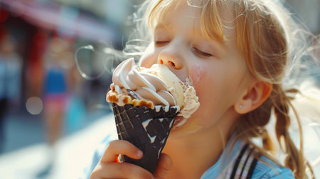 A young girl is eating delicious ice cream in a chocolate waffle cone. She smiles and enjoys her treat. The action takes place in a public place, with other people around her. The scene is carefree and funの素材