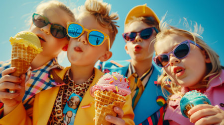 A group of stylish fashionable modern children in sunglasses are eating delicious ice cream in waffle cups on a sunny summer day. Boys and girls enjoy the sweet treat. The scene is carefree and funの素材