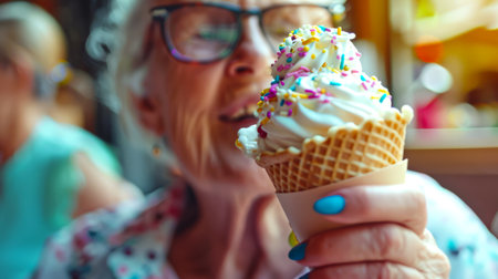 Grandma eats vanilla ice cream in a waffle cup in a cafe. An elderly woman is holding an ice cream cone sprinkled with colored sugar crumbs on top. She smiles and enjoys her dessertの素材