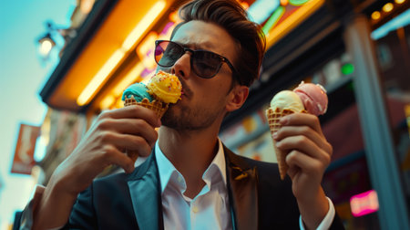 A handsome man in a fashionable suit and sunglasses eats ice cream from a waffle cone. He holds two horns in his hands. World Ice Cream Dayの素材