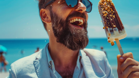 A stylish, fashionable bearded man in sunglasses and a blue jacket holds vanilla ice cream in chocolate glaze with nuts on a stick. He smiles and enjoys his treat. World Ice Cream Dayの素材