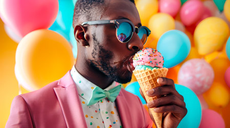 A cool stylish black man in a pink suit is eating delicious ice cream in a waffle cone. The scene is bright and lively, with colorful balloons around the man. The man is wearing sunglasses and a bow tieの素材